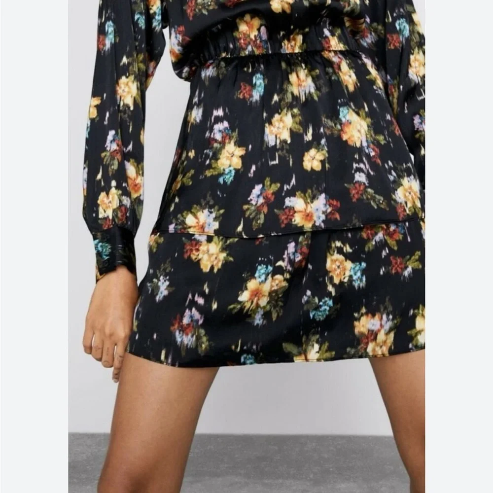 Zara Black Floral Ruffle‎ Mini Long Sleeves Dress Size XS - Picture 16 of 16